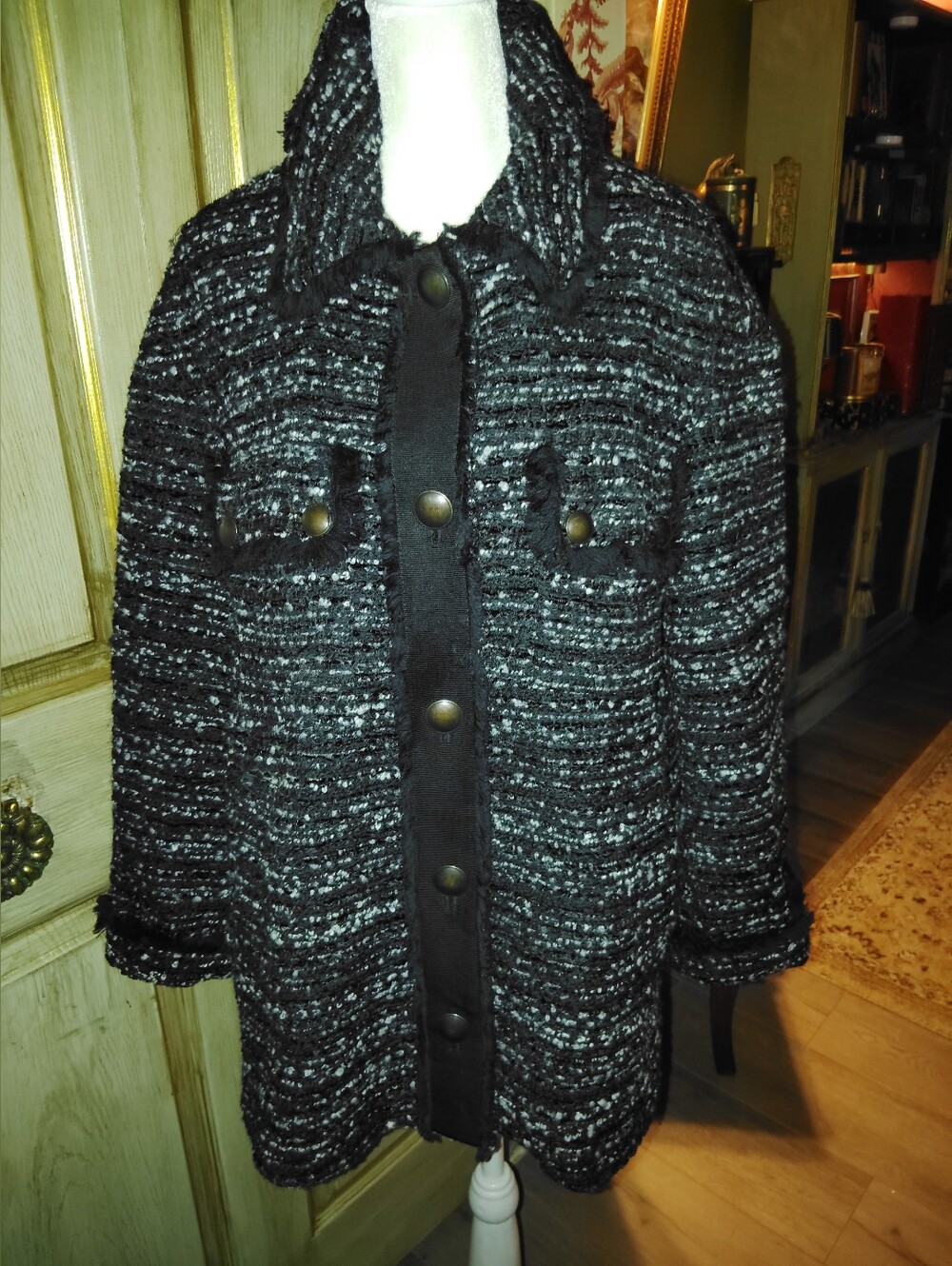 $498Twinset Milano "Chanel Vibe" Black Tweed Swing Coat Jacket Sz L